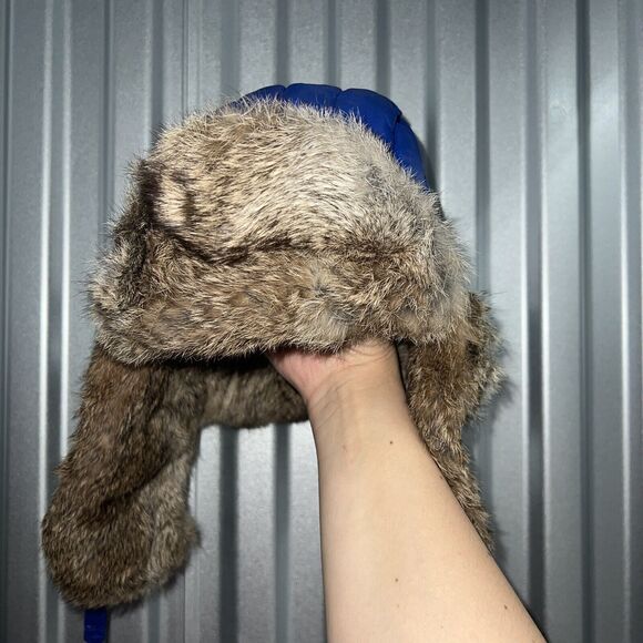 Nathaniel Cole Crown Cap Blue Puffer Trapper Hat Rabbit Fur Trimmed Winter - Picture 3 of 7